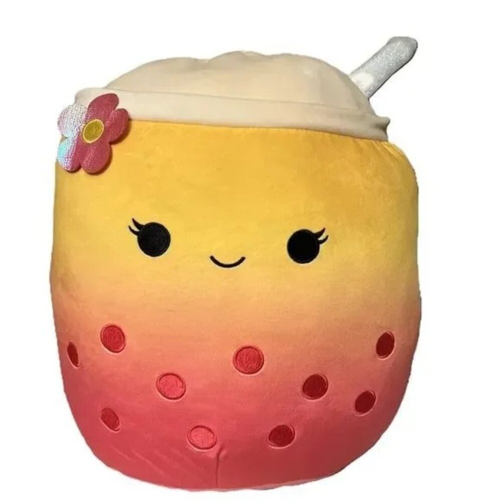 Squishmallow Bergit the Boba Tea 16 inch NEW with Tag Plush with Pink Flower
